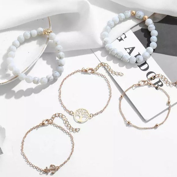 Gold 5Pcs Anchor Turtle Tree Of Life Beading Bracelet - Picture 4 of 4